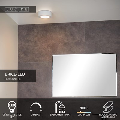 Lucide BRICE-LED - Plafonnière Badkamer - Ø 11,7 cm - LED Dimb. - 1x8W 3000K - IP44 - Wit